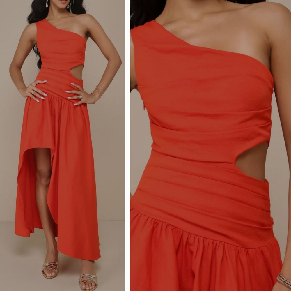 Lulus Cotton Linen One Shoulder Cutout Pleated High Low A-line‎ Slit Midi Dress